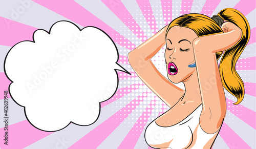 Poster with cartoon style young sexy girl. Vector illustration.
