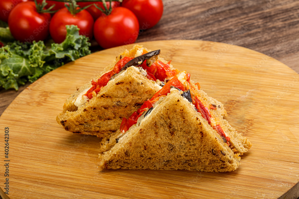 Club sandwich with eggplant and cheese Club sandwich with eggplant and cheese