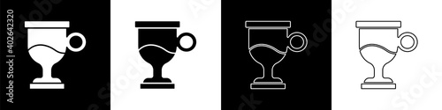 Set Mulled wine with glass of drink and ingredients icon isolated on black and white background. Cinnamon stick, clove, lemon slice. Vector.