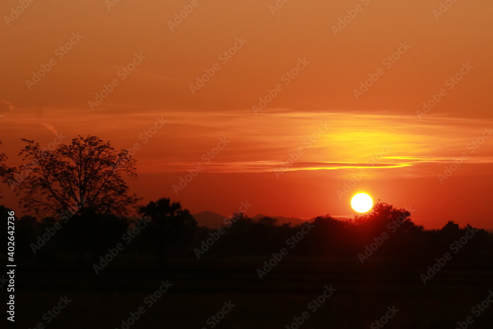 Orange light of sunrise, silhouette and blue sky in the morning 