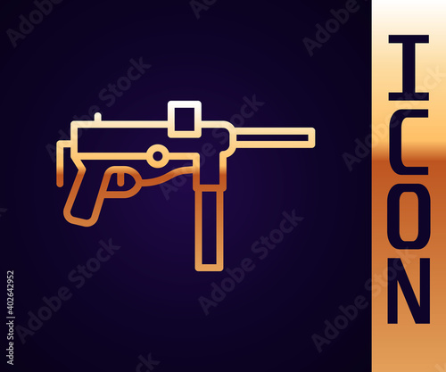Gold line Submachine gun M3, Grease gun icon isolated on black background. Vector.