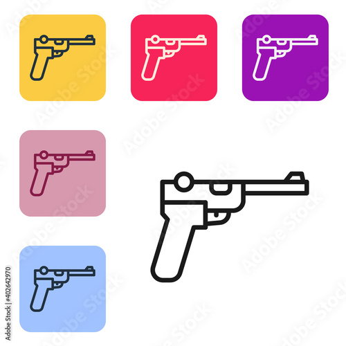 Black line Mauser gun icon isolated on white background. Mauser C96 is a semi-automatic pistol. Set icons in color square buttons. Vector.