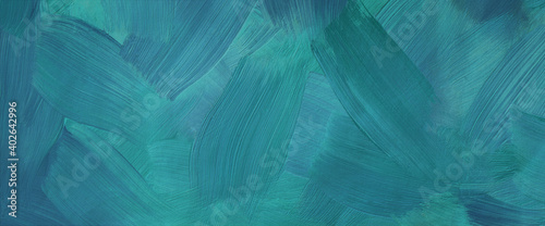Dark turquoise art background. Large brush strokes. Acrylic paint in aquamarine or celadon colors. Abstract painting. Textured surface template for banner, poster. Narrow horizontal illustration