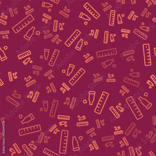 Brown line Bullet casing as a piece of evidence placed with forensic ruler for documentation icon isolated seamless pattern on red background. Concept of crime scene. Vector.