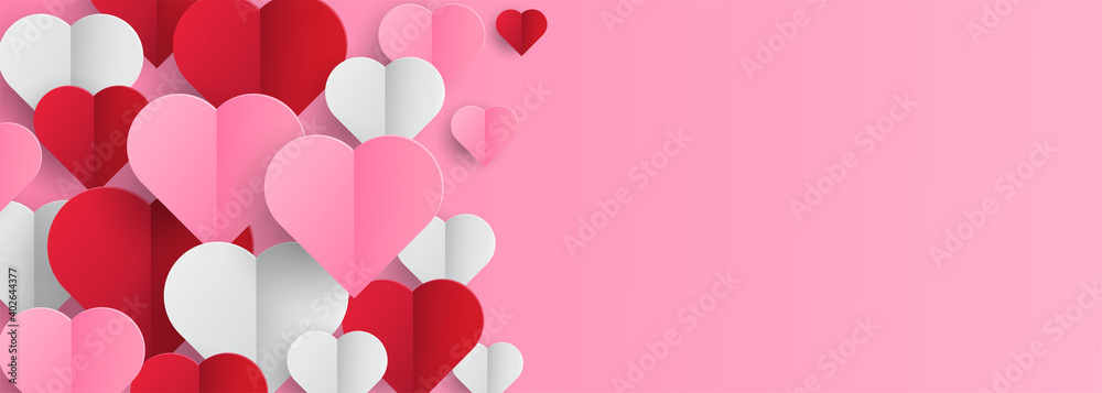 Valentines hearts postcard. Paper flying elements on pink background. Vector symbols of love in shape of heart for Happy Valentine's Day greeting card design.
