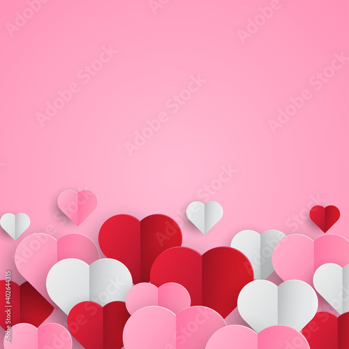 Valentines hearts postcard. Paper flying elements on pink background. Vector symbols of love in shape of heart for Happy Valentine's Day greeting card design.