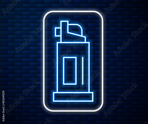Glowing neon line Pepper spray icon isolated on brick wall background. OC gas. Capsicum self defense aerosol. Vector.