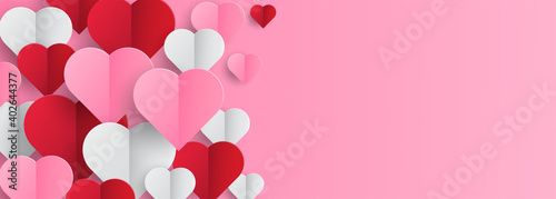 Valentines hearts postcard. Paper flying elements on pink background. Vector symbols of love in shape of heart for Happy Valentine's Day greeting card design.