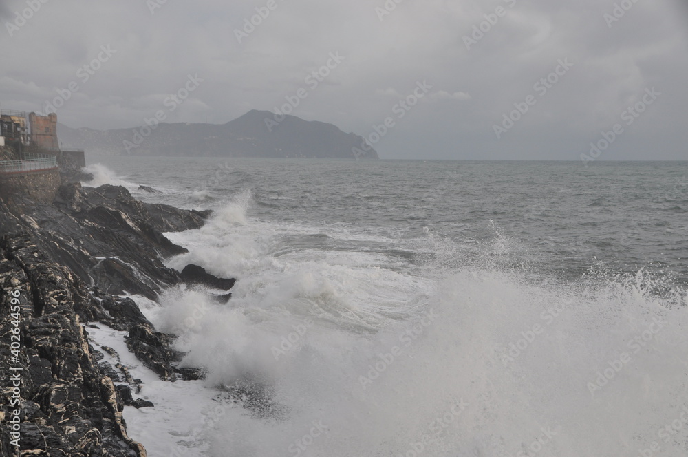 sea storm in Nervi in winter, Genova, Liguria, Italy
