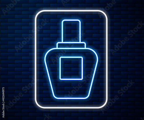 Glowing neon line Perfume icon isolated on brick wall background. Vector.