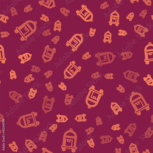 Brown line Hotel luggage cart with suitcase icon isolated seamless pattern on red background. Traveling baggage sign. Travel luggage icon. Vector.
