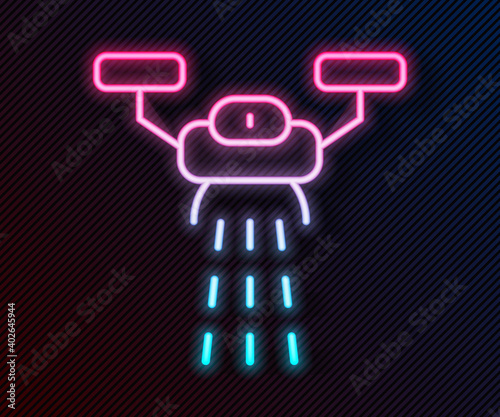 Glowing neon line Smart farm with drone control for seed planting icon isolated on black background. Innovation technology for agricultural company. Vector.