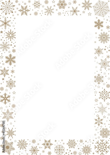 Goldener frostiger Schneeflocken Rahmen auf einem weissen Hintergrund.
