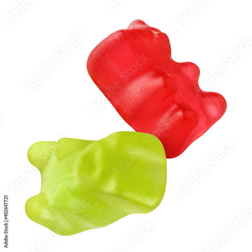 Two delicious jelly gummy bears, isolated on white background