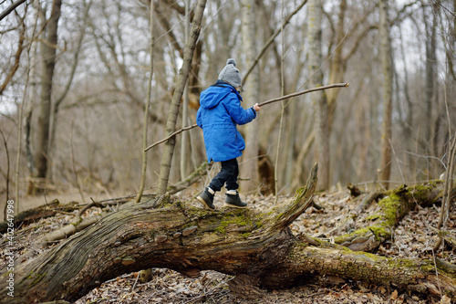 Obraz na plátne Little boy hiking in the forest on a early spring
