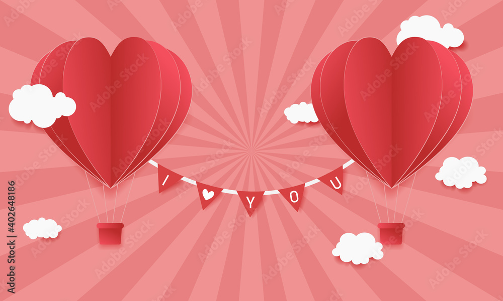 Valentines day postcard heart shaped paper cut,  with text love.  
Vector Illustration.