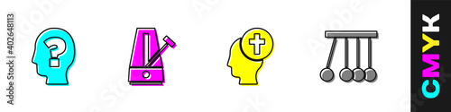 Set Head with question mark, Metronome pendulum, Man graves funeral sorrow and Pendulum icon. Vector.