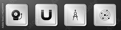 Set Ringing alarm bell, Magnet, Drawing compass and Solar system icon. Silver square button. Vector.
