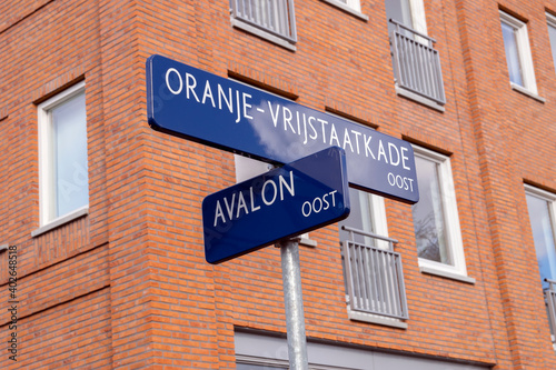 Street Sign Oranje-Vrijstaatkade And The Avalon At Amsterdam The Netherlands 2019