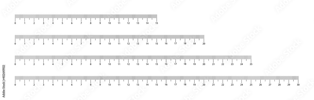 Set of measuring scale in cm. Marking for the ruler in centimeters. Ruler 15, 20, 25, 30 centimeter. Measuring tool. Set of measuring scale in cm. Marking for the ruler in centimeters. Ruler 15, 20, 25, 30 centimeter. Measuring tool.