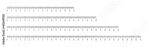 Set of measuring scale in cm. Marking for the ruler in centimeters. Ruler 15, 20, 25, 30 centimeter. Measuring tool.