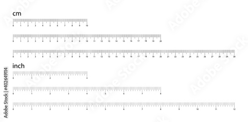 Set of measuring scale with cm and inches. Marking for the ruler in centimeters and inches . Ruler 10, 20, 30 centimeter and 4, 8, 12 inch. Measuring tool.