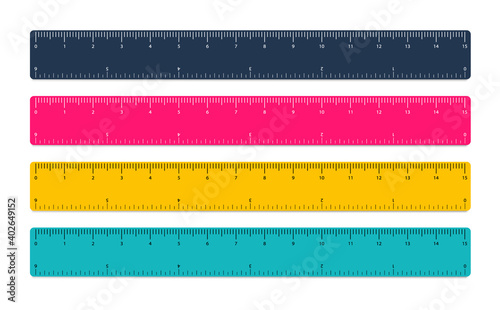 Set of realistic plastic colorful rulers. Rulers with scale 15 cm. Ruler with cm and inches scale. Measuring tool.