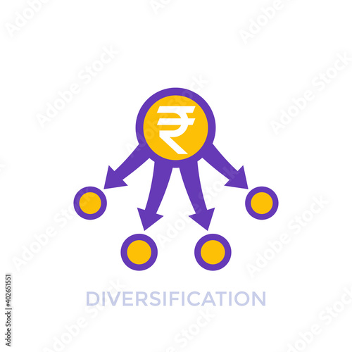 diversification, diversified portfolio icon with rupee
