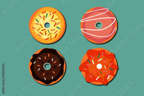 Donut vector set isolated on a blue background.