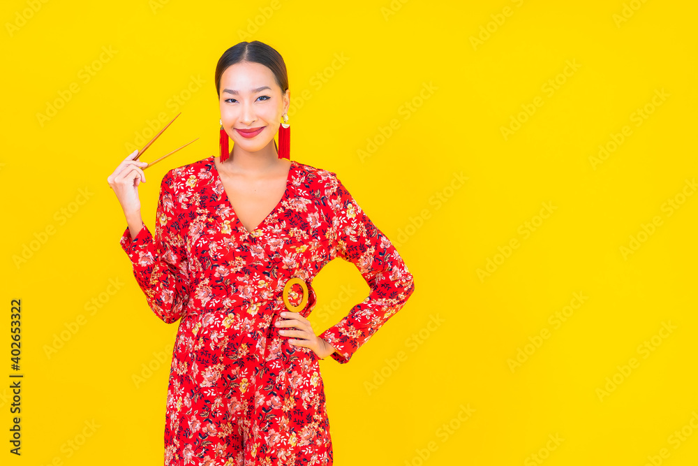 Portrait beautiful young asian woman with chopsticks Portrait beautiful young asian woman with chopsticks