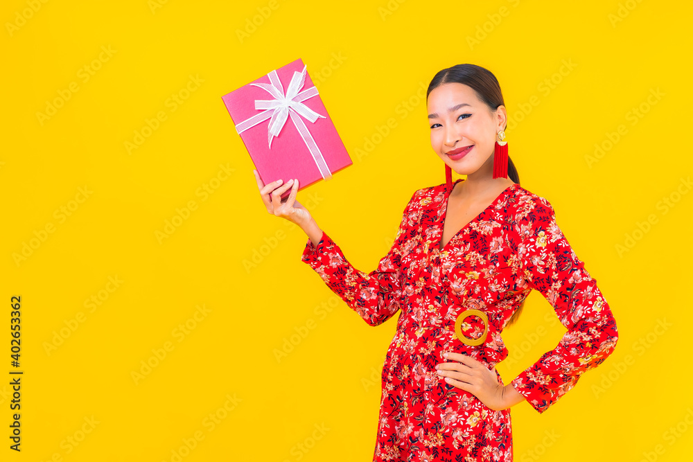 Portrait beautiful young asian woman with red gift box Portrait beautiful young asian woman with red gift box