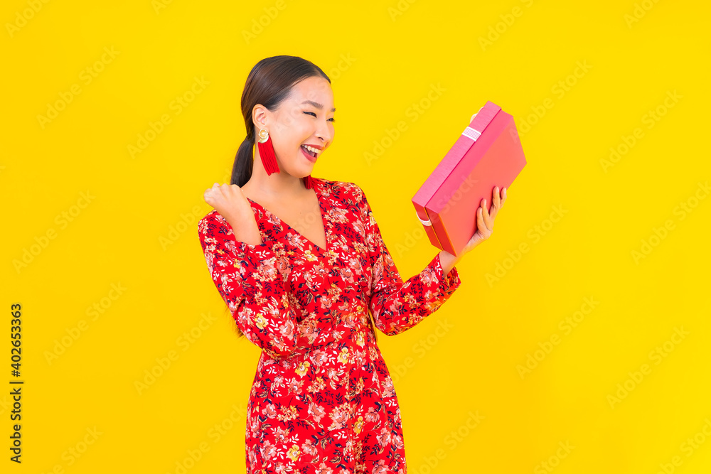 Portrait beautiful young asian woman with red gift box Portrait beautiful young asian woman with red gift box