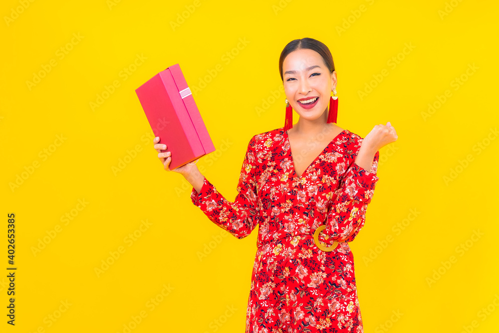 Portrait beautiful young asian woman with red gift box Portrait beautiful young asian woman with red gift box