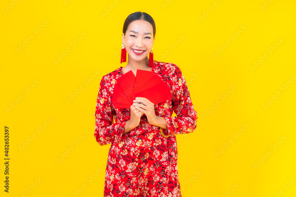 Portrait beautiful young asian woman with red envelopes Portrait beautiful young asian woman with red envelopes