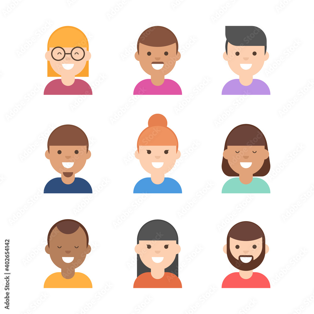 Collection of avatars of young men and women of various races. Vector illustration in flat design. Collection of avatars of young men and women of various races. Vector illustration in flat design.