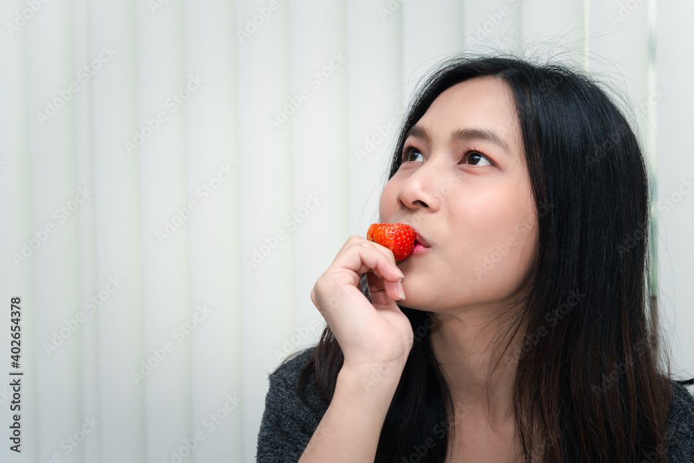 Woman eat strawberry red berry fruit sweet juicy Woman eat strawberry red berry fruit sweet juicy