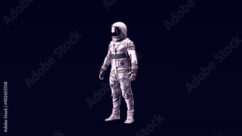 Fototapeta Naklejka Na Ścianę i Meble -  Astronaut with Black Visor and Silver Retro Spacesuit with Bright White 80s lighting 3d illustration render	