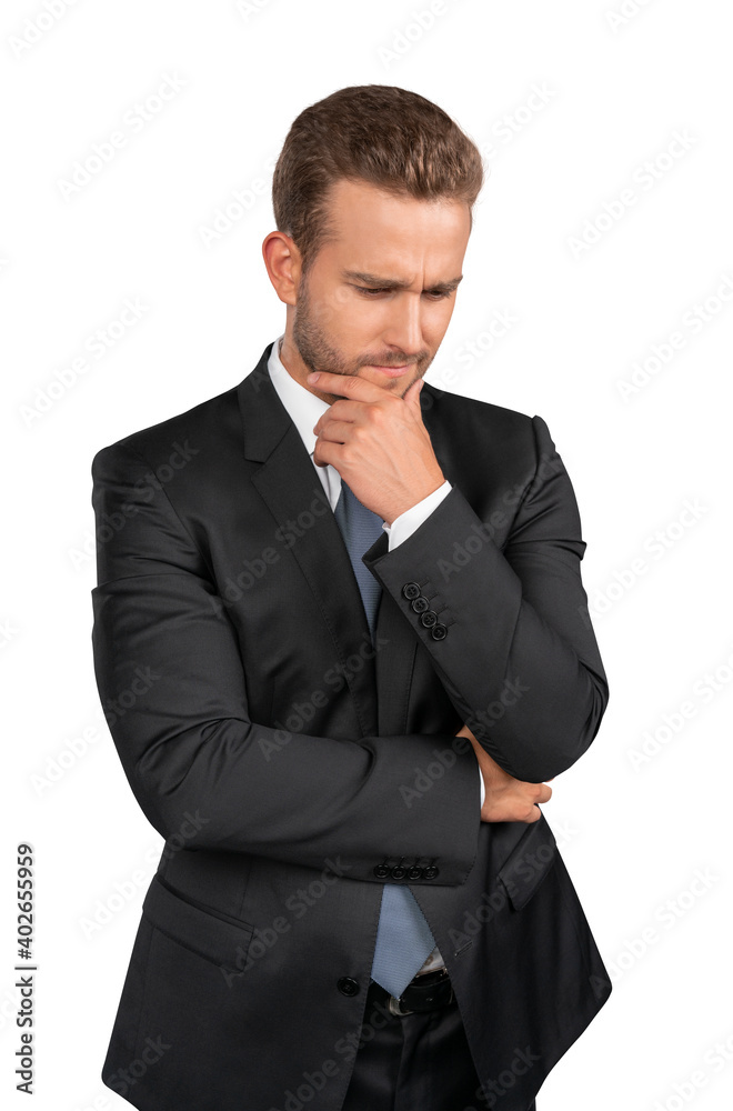 Businessman in black suit standing on isolated over white background. Young businessman thinking hand to chin, pensive thoughtful look Businessman in black suit standing on isolated over white background. Young businessman thinking hand to chin, pensive thoughtful look