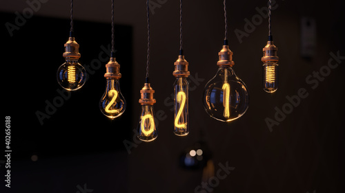 Light bulb christmas background. Edison light bulb. 2021 year background. 3d render