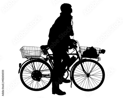 Old man on crutches is walking down the street. Isolated silhouettes on white background