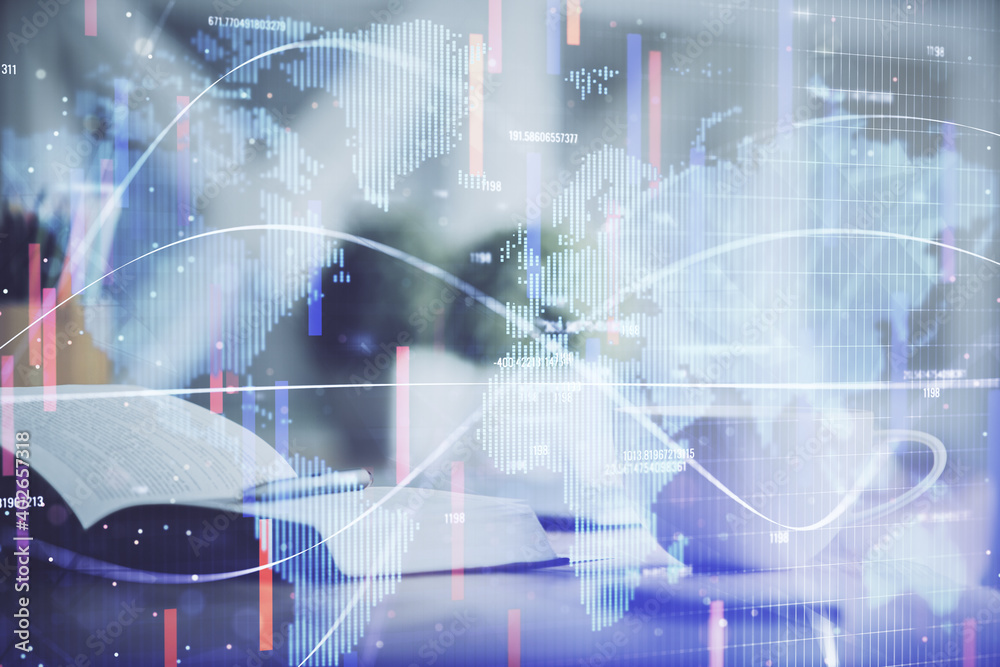 Double exposure of business theme drawing and desktop with coffee and items on table background. Concept of market trading