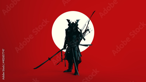 Fotografie Black Samurai Polygon Form with Large White Sphere Circle with Red Background 3d