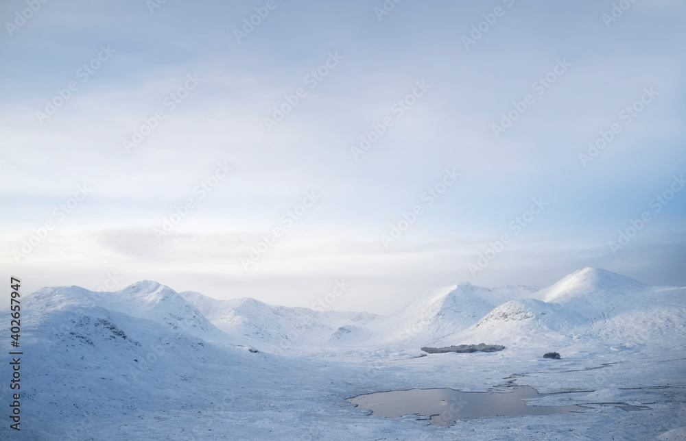 Rannoch Moor and Black Mount covered in snow during winter aerial view