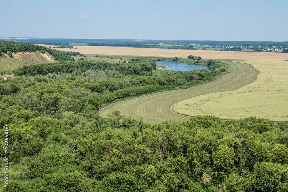 A wide river flows into the distance.  Trees grow along the banks.  Summer, beautiful landscape