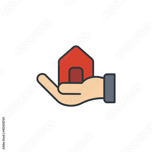 Hand holding up house icon, color, line, outline vector sign, linear style pictogram isolated on white. Symbol, logo illustration