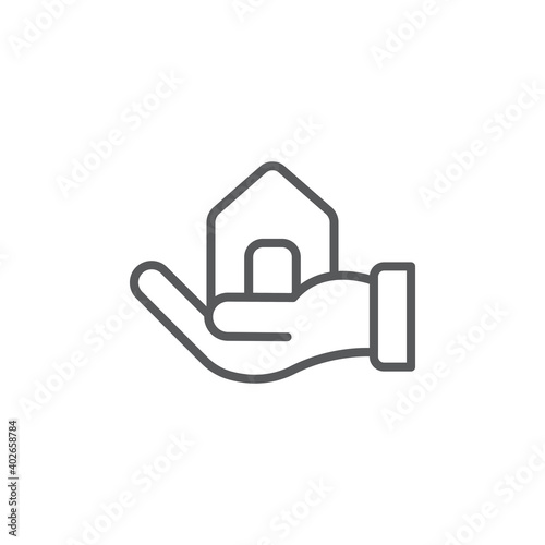 Hand holding up house icon, color, line, outline vector sign, linear style pictogram isolated on white. Symbol, logo illustration