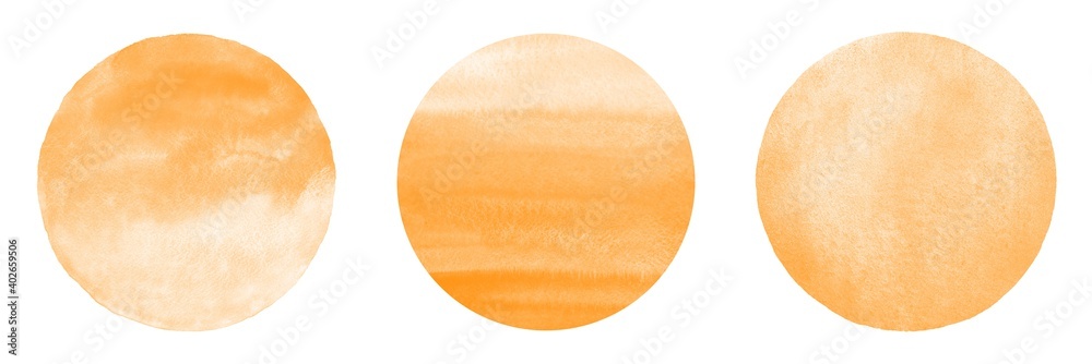 Orange watercolor circles with gradient stains set. Round watercolour