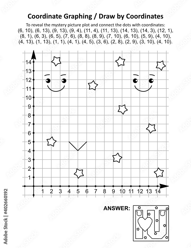 St Valentine's Day coordinate graphing, or draw by coordinates, math worksheet To reveal the