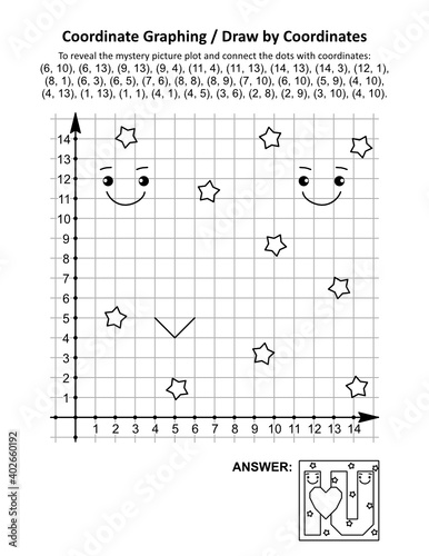 St Valentine's Day coordinate graphing, or draw by coordinates, math worksheet: To reveal the mystery picture plot and connect the dots with given coordinates. Answer included.
