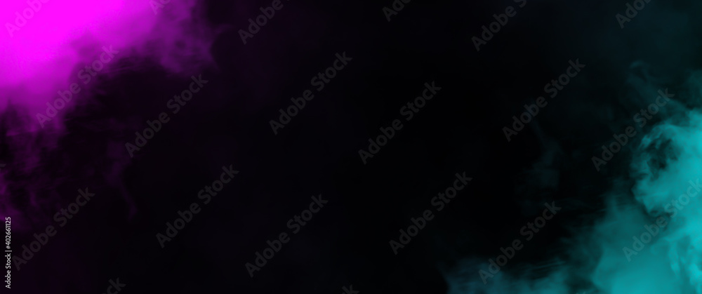 Abstract blue and pink smoke on the floor . Isolated black background . Misty fog effect texture overlays for text or space . Stock illustration.